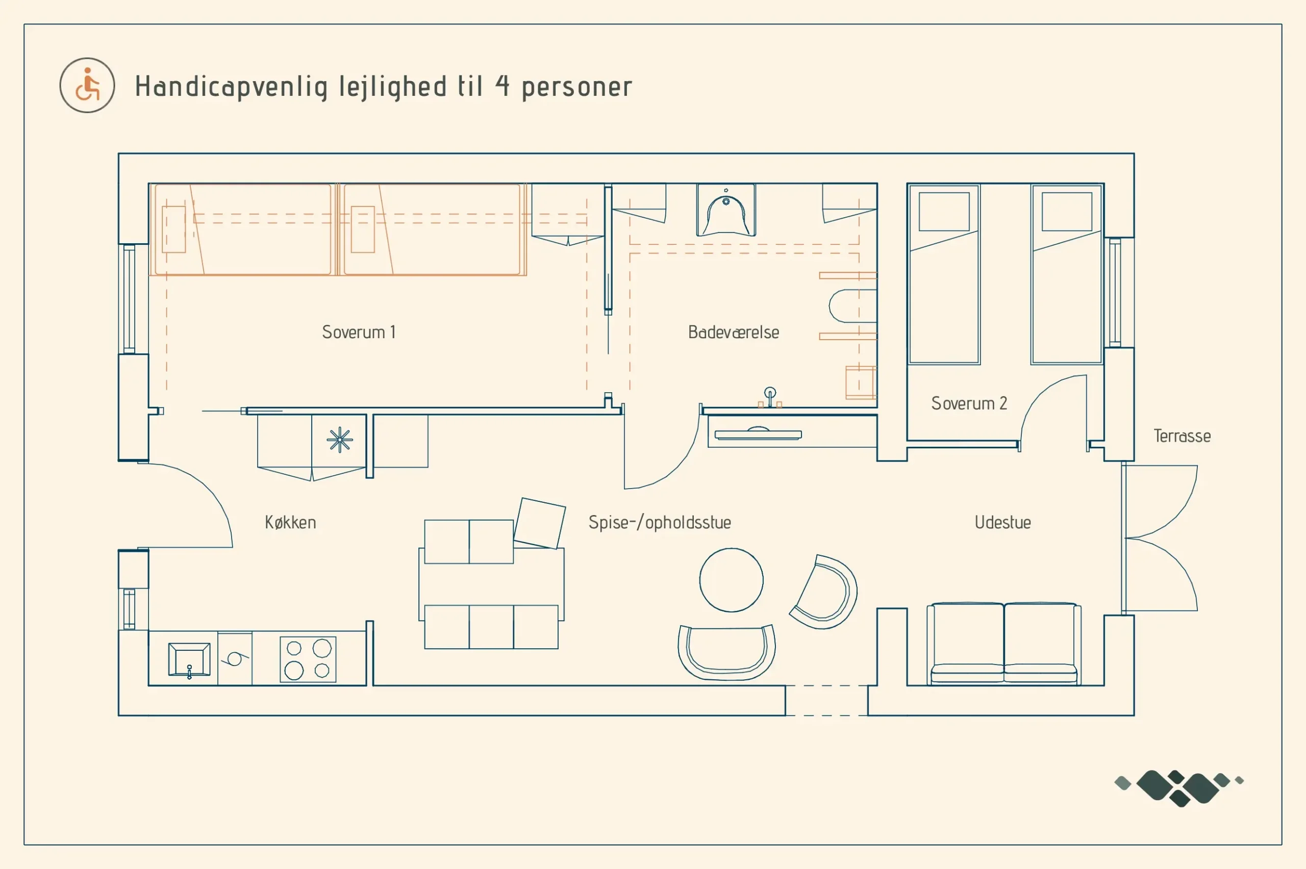 Grundplan af handicapvenlig ferielejlighed til 4 personer på Feriecenter Slettestrand